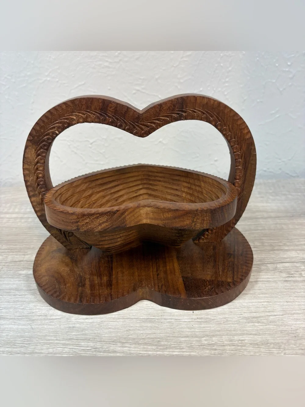 Vintage Hand Carved Heart Shaped Collapsible Wooden Fruit Basket Folding Trivet